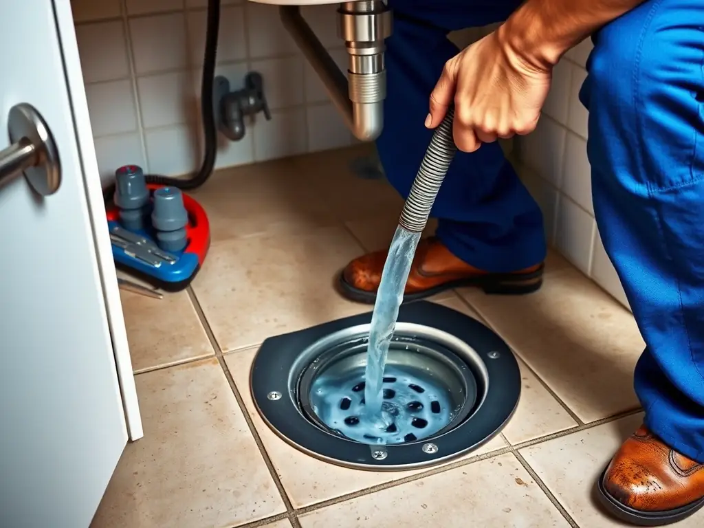 A plumber using a snake to clear a clogged drain in a kitchen sink. The setting is a typical Nashville home.
