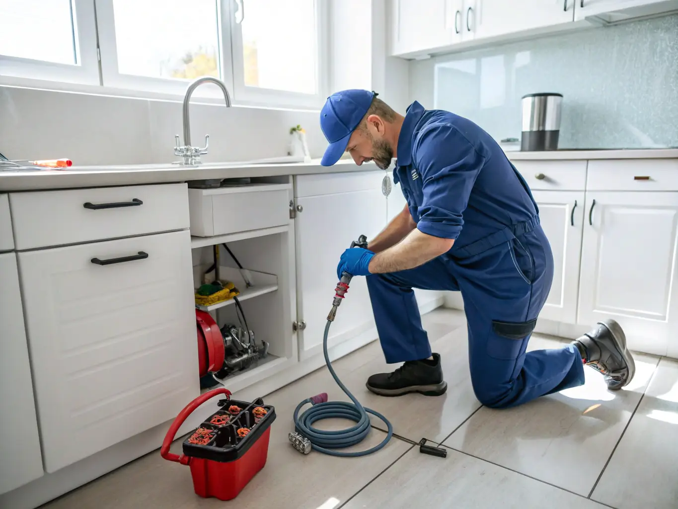 A photo of a plumber from Drain Cleaning Nashville snaking a drain in a residential kitchen, highlighting their quick response and efficient service.