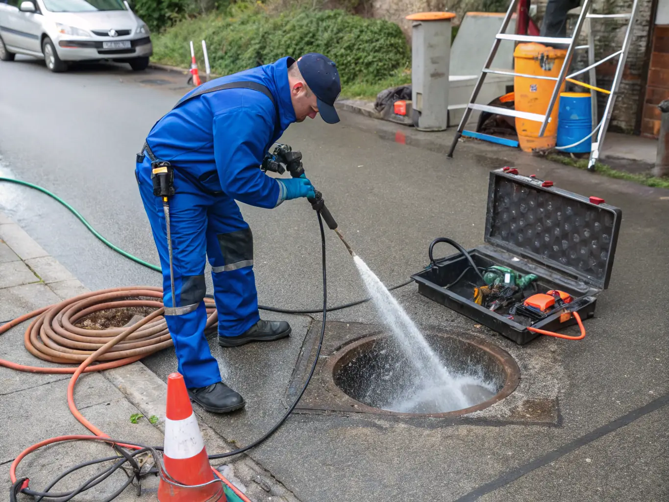 A high-pressure hydro jet cleaning a sewer line, showing the force of the water blasting away debris and buildup inside the pipe. The setting is a residential area in Nashville, TN.