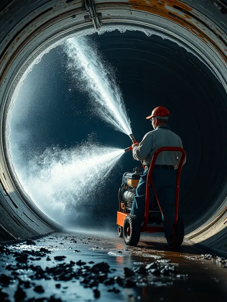 A dynamic shot of hydro jetting in action, showcasing the powerful stream of water blasting away stubborn blockages in a commercial drain.