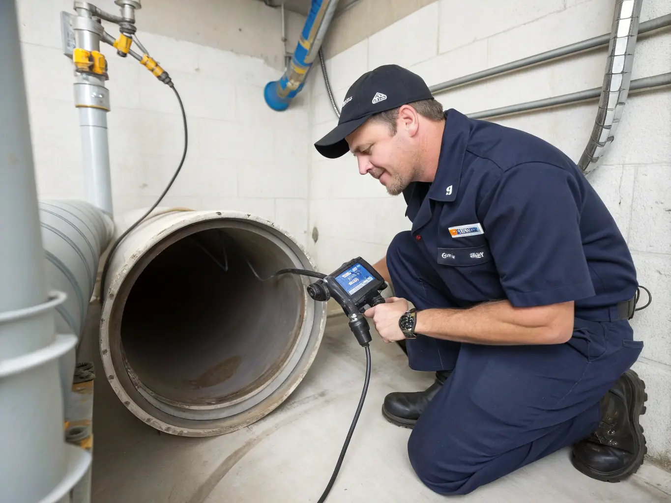 A plumber using a video camera inspection system to diagnose a problem within a sewer line. The image should show the clear view provided by the camera.