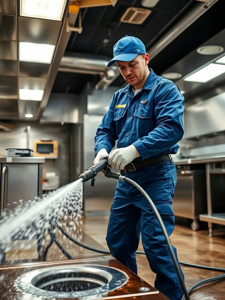 A high-tech hydro jetting machine being used to clean a drain, showcasing the use of modern equipment for effective drain cleaning.