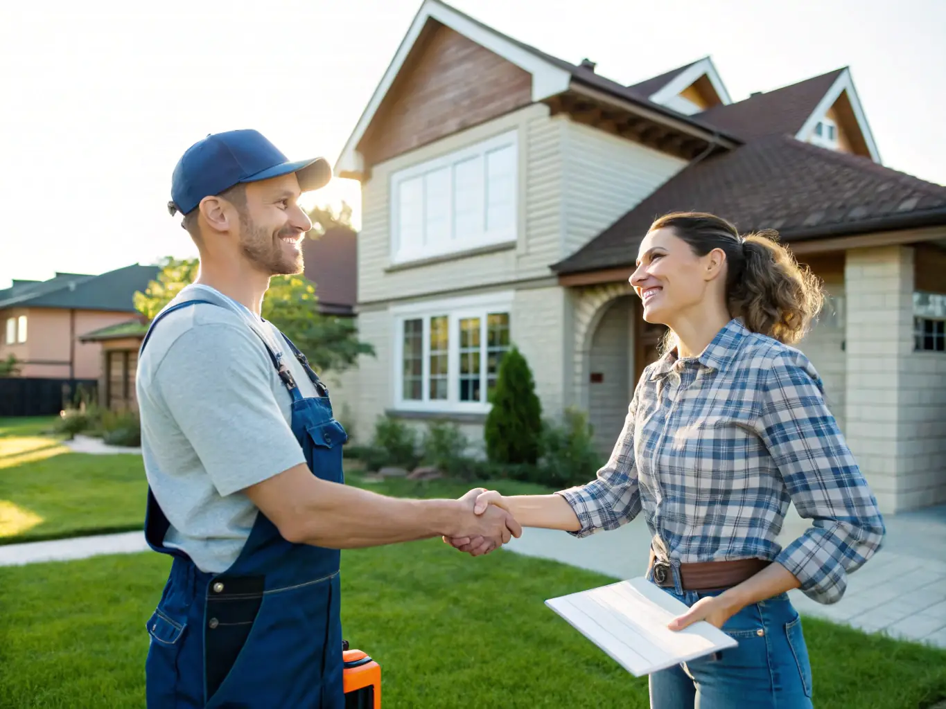 A friendly Drain Cleaning Nashville technician smiling and shaking hands with a satisfied customer in front of their home, highlighting the company's commitment to customer satisfaction and reliable service.
