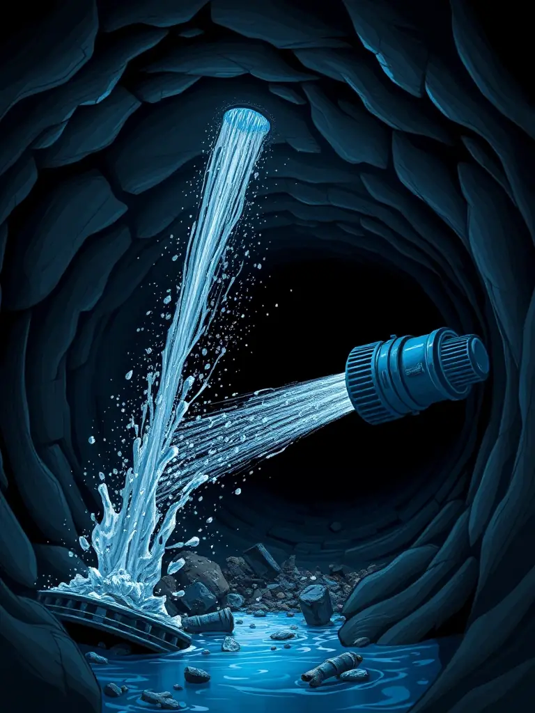 A detailed image of a sewer line being cleaned with specialized equipment, highlighting the removal of debris and buildup.