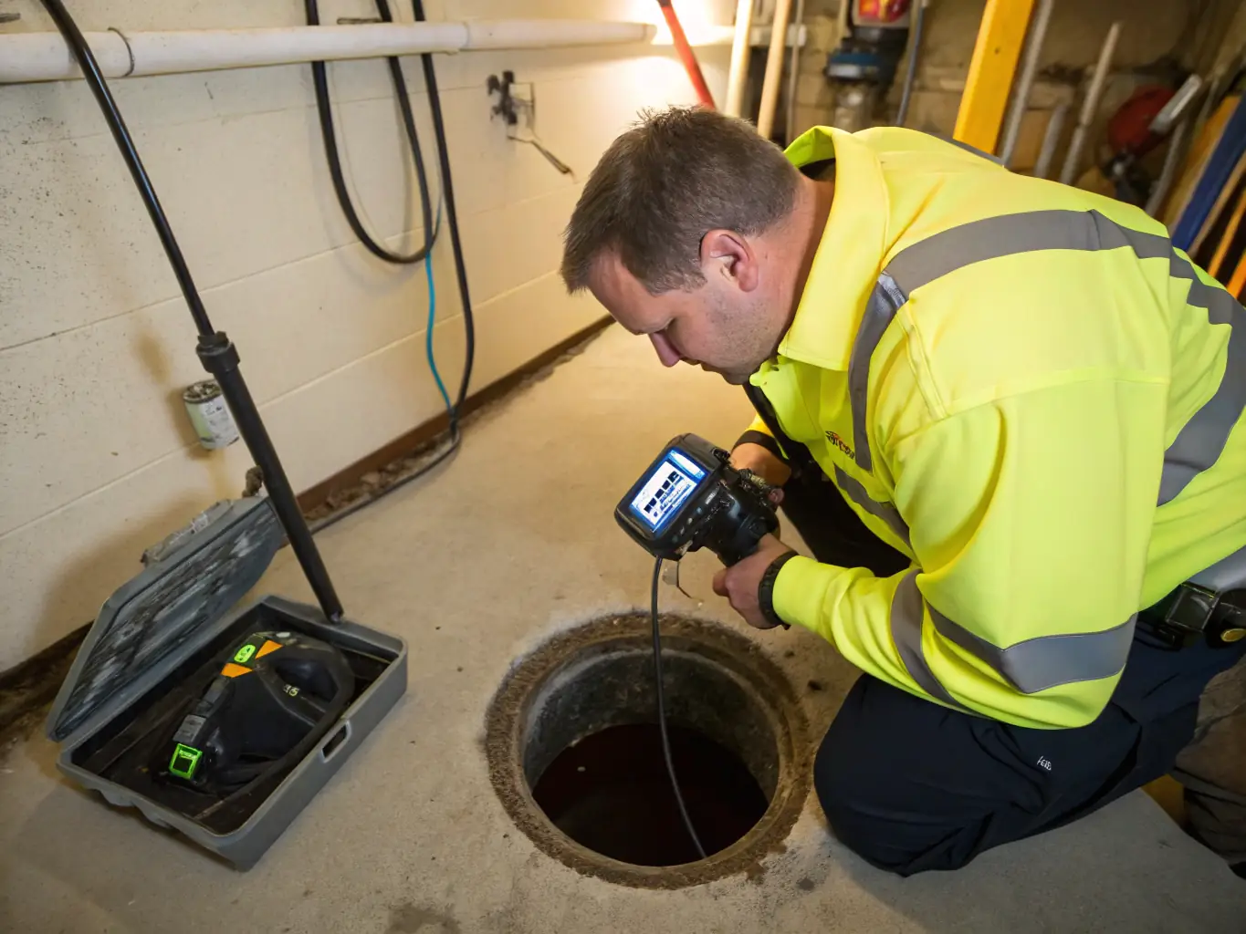 A close-up shot of a Drain Cleaning Nashville technician's hand holding a state-of-the-art drain inspection camera, showcasing the company's commitment to using modern equipment for accurate diagnostics.