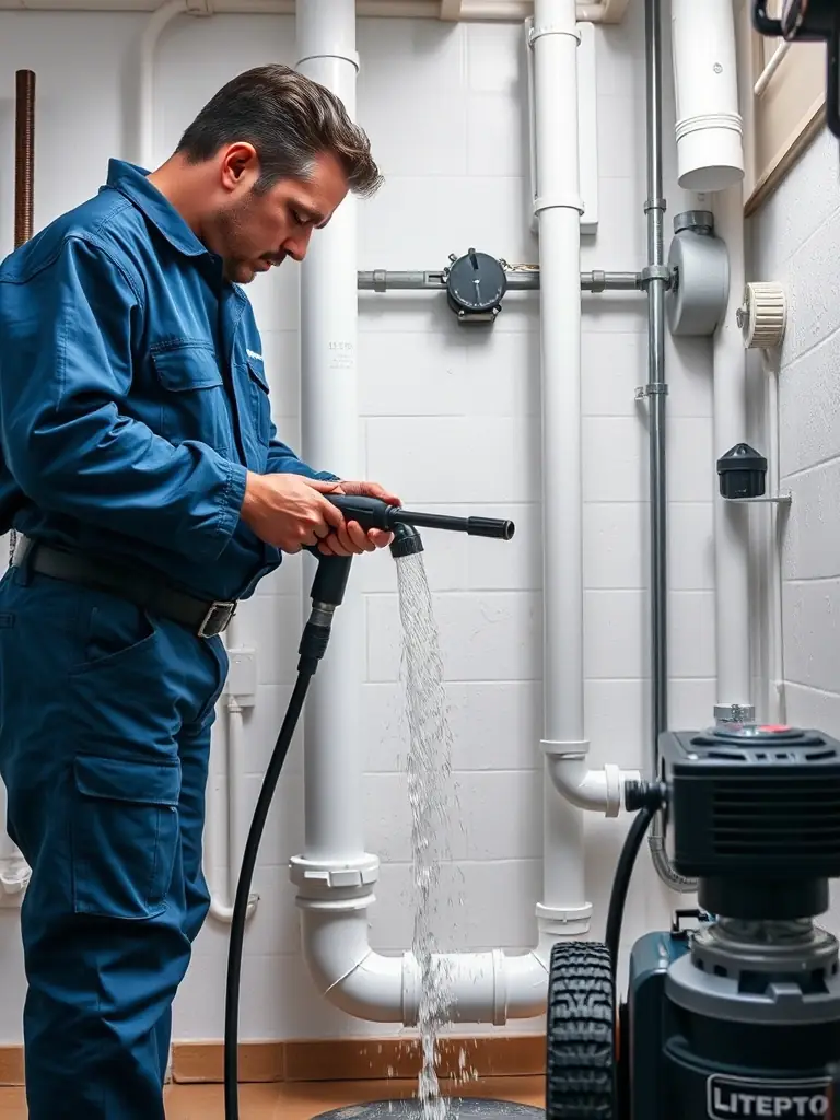 A Drain Cleaning Nashville technician using a modern hydro jetting machine to clear a severely clogged drain in a South Nashville commercial property.