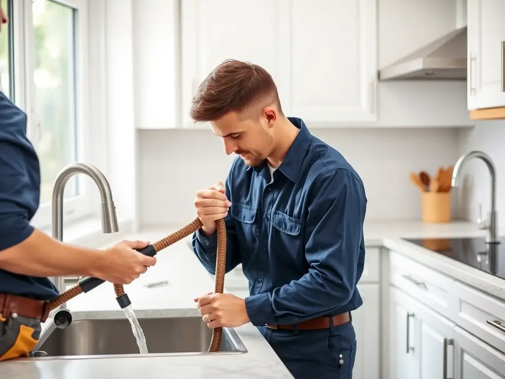 A high-resolution image depicting a plumber using a drain snake to clear a clogged drain in a residential bathroom, with visible pipes and tools.