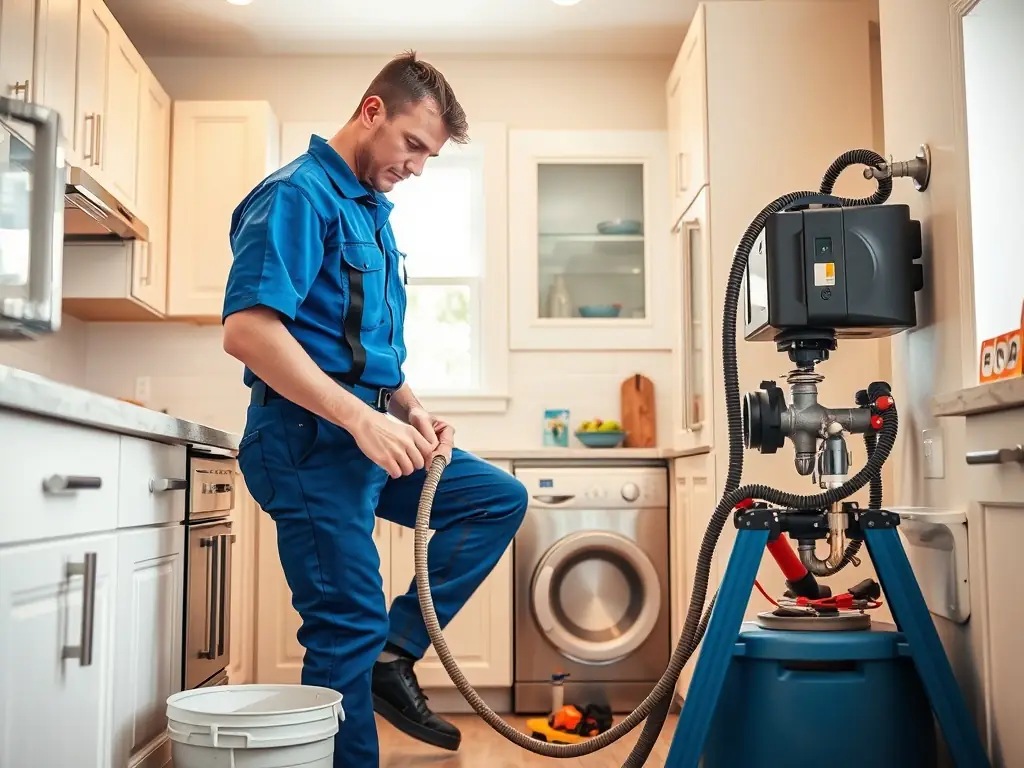 A high-resolution image depicting a plumber using a snake tool to clear a clogged drain in a residential kitchen sink. The setting is a clean, modern kitchen in Nashville.