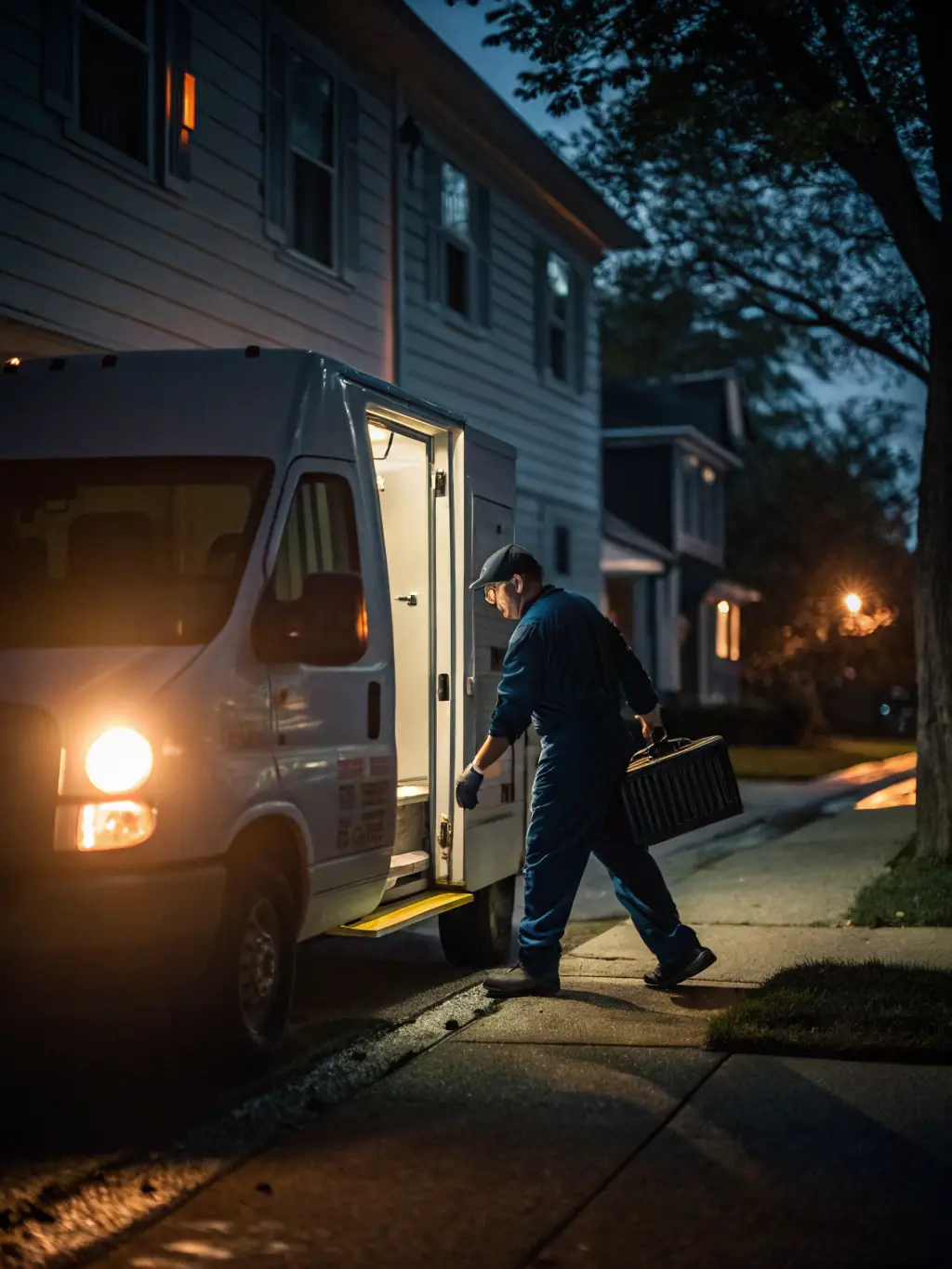 A Drain Cleaning Nashville van arriving at a South Nashville residence, with a plumber quickly unloading equipment to address an urgent drain issue.