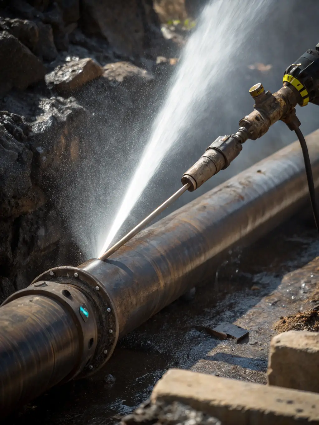A dynamic shot of hydro jetting equipment in action, powerfully blasting away buildup inside a pipe, highlighting the effectiveness of this advanced cleaning method.