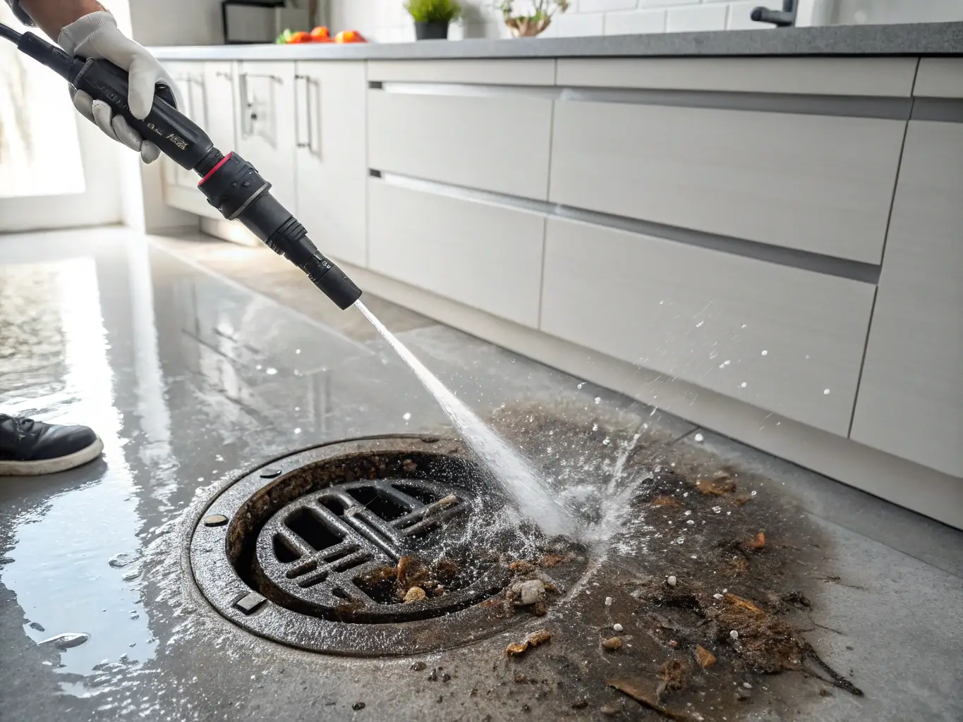 A professional-grade hydro jetting machine clearing a heavily clogged sewer line. The image should convey the power and effectiveness of hydro jetting technology.