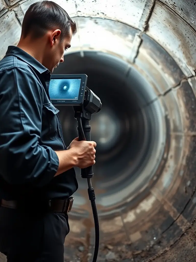 An image from a video camera inspection, clearly showing the interior of a drainpipe and identifying potential issues like cracks or root intrusion.